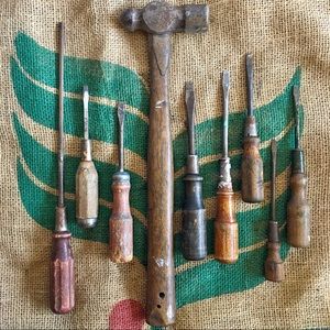 9 Old Wooden Handle Tools Worn Hammer Screwdrivers Hardware Vintage Tool Lot Set